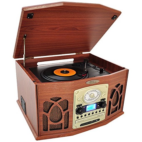 Pyle Vintage Turntable - Retro Vinyl Stereo System With Bluetooth, Cassette and CD Player, USB Recorder, SD Card and Speakers Record AM/FM Radio and Audio Files to MP3 with Remote and LCD
