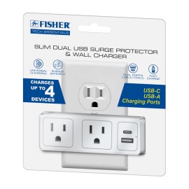 Fisher FWC476W Slim Surge Protector Wall Tap, 2 Outlets + 2 USB (White)