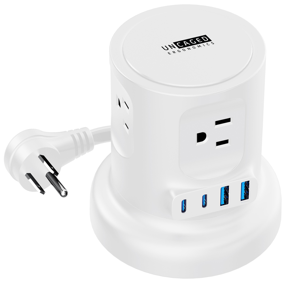 Uncaged Ergonomics Retractable Cube 4-Outlet / 4-USB Surge Protector, White