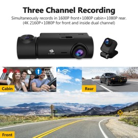Z-EDGE T3P 4K Triple-Channel Touchscreen Dash Cam - 4K Front, 1080p Interior & Rear, Wi-Fi, GPS, Night Vision