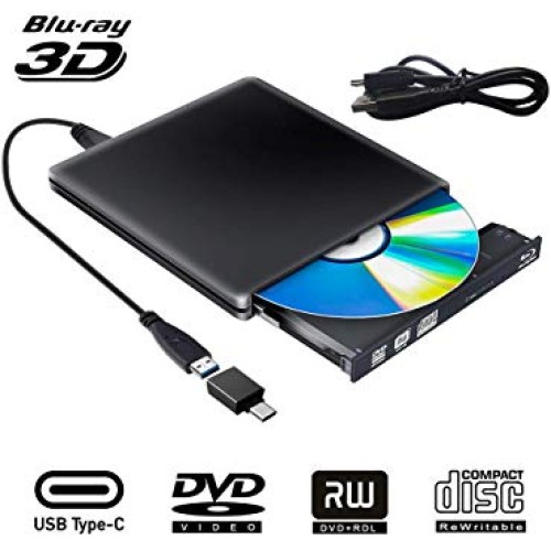 External Blu Ray DVD Drive 3D, USB 3.0 Typc C Portable Bluray DVD CD Optical Burner RW CD Row for MacBook OS Windows 7 8 10 PC iMac Laptop
