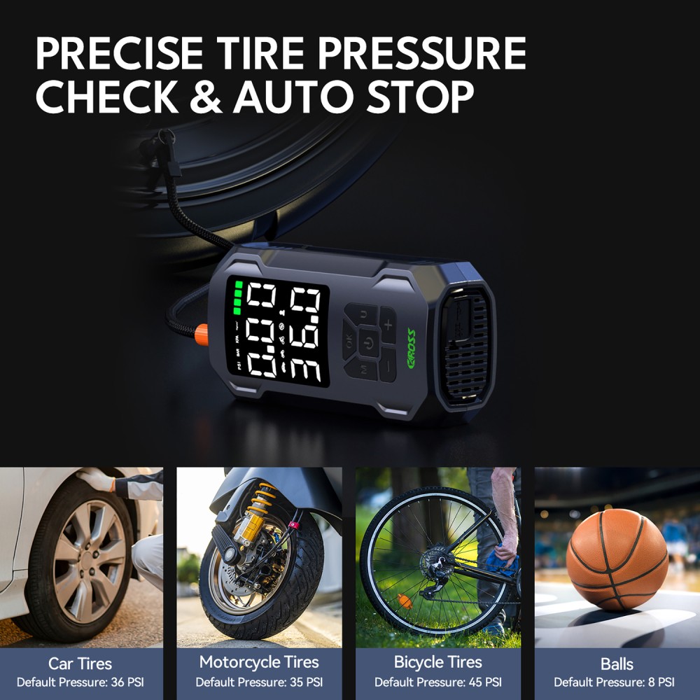 CAROSS Q15 Combo 150-PSI Portable Air Compressor and 7,500-mAh Portable Power Bank with Digital Display, LED Light, Adapter Nozzles, and Cloth Bag