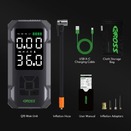 CAROSS Q15 Combo 150-PSI Portable Air Compressor and 7,500-mAh Portable Power Bank with Digital Display, LED Light, Adapter Nozzles, and Cloth Bag