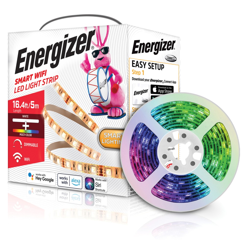 Energizer Smart Wi-Fi LED Light Strip, 16.4ft, Multi-Color and Single White, with App, Compatible with Alexa, Google Assistant and Siri, Customizable, Kitchen, Bedroom, Office, Monitor Backlighting