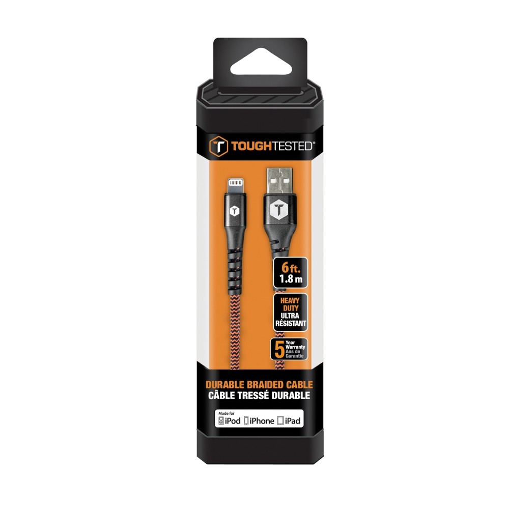 ToughTested Charge and Sync Braided USB Type-A to Lightning Cable, 6 Ft.