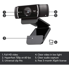 Logitech C922 Pro Stream Webcam, HD 1080p/30fps or HD 720p/60fps Hyperfast Streaming, Stereo Audio, HD light correction, Autofocus, For YouTube, Twitch, XSplit, PC/Mac/Laptop/Macbook/Tablet