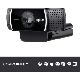 Logitech C922 Pro Stream Webcam, HD 1080p/30fps or HD 720p/60fps Hyperfast Streaming, Stereo Audio, HD light correction, Autofocus, For YouTube, Twitch, XSplit, PC/Mac/Laptop/Macbook/Tablet