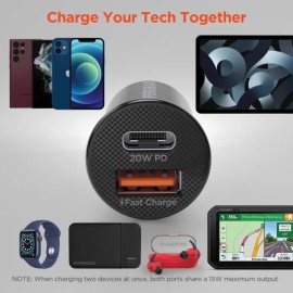 HyperGear® mini Dual 20-Watt PD USB-C® and 18-Watt USB Car Charger (Black)