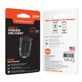 HyperGear® mini Dual 20-Watt PD USB-C® and 18-Watt USB Car Charger (Black)
