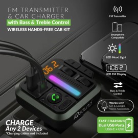 IQ Sound® 2-in-1 FM Transmitter and Dual USB-C® Car Charger with Bass and Treble Control and Remote, IQ-311BT