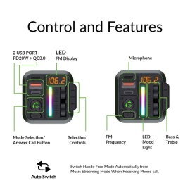 IQ Sound® 2-in-1 FM Transmitter and Dual USB-C® Car Charger with Bass and Treble Control and Remote, IQ-311BT