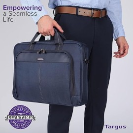 Targus 15-16 Inch Classic Slim Laptop Bag, Blue - Ergonomic Briefcase and Messenger Bag - Spacious Foam Padded Laptop Bag for 16