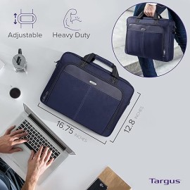Targus 15-16 Inch Classic Slim Laptop Bag, Blue - Ergonomic Briefcase and Messenger Bag - Spacious Foam Padded Laptop Bag for 16
