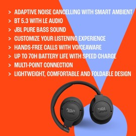 JBL TUNE 770NC Headphones with mic full size Bluetooth wireless, wired active noise canceling 3.5 mm jack blue