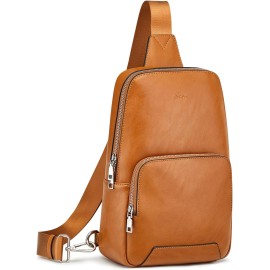 S-ZONE Sling Bag for Women Men RFID Blocking Genuine Leather Crossbody Backpack Sling Purses Fashion Travel Daypack Chest Bags Ladies-Brown