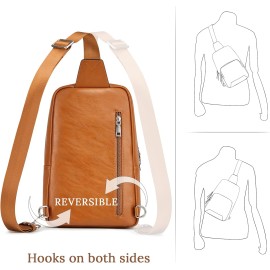 S-ZONE Sling Bag for Women Men RFID Blocking Genuine Leather Crossbody Backpack Sling Purses Fashion Travel Daypack Chest Bags Ladies-Brown