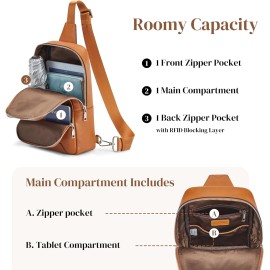 S-ZONE Sling Bag for Women Men RFID Blocking Genuine Leather Crossbody Backpack Sling Purses Fashion Travel Daypack Chest Bags Ladies-Brown