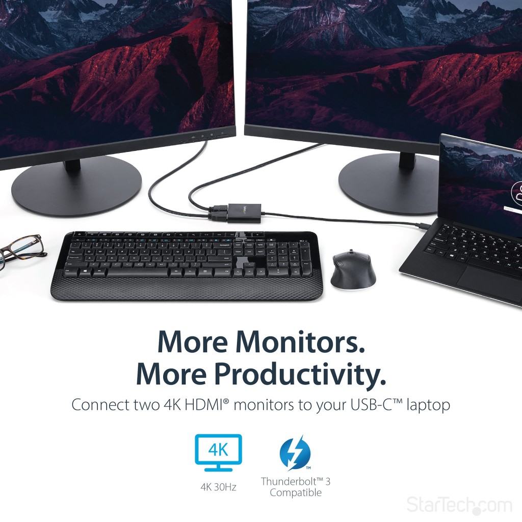 StarTech 2-Port Multi Monitor Adapter, USB-C to 2x HDMI Video Splitter ...