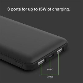 Belkin BoostCharge - Power bank - 10000 mAh - 15 Watt - 3 output connectors (24 pin USB-C, 2 x USB) - black