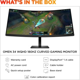 HP OMEN 34 inch WQHD 180Hz Curved Gaming Monitor, Wide QHD Display (3440 x 1440), VA Panel, VESA DisplayHDR 400, 1ms MPRT (with Overdrive), AMD FreeSync Premium Technology, Black, OMEN 34c G2 (2025)