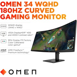 HP OMEN 34 inch WQHD 180Hz Curved Gaming Monitor, Wide QHD Display (3440 x 1440), VA Panel, VESA DisplayHDR 400, 1ms MPRT (with Overdrive), AMD FreeSync Premium Technology, Black, OMEN 34c G2 (2025)