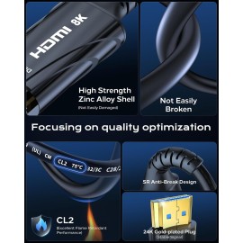 Cratree 8K Fiber Optic HDMI Cable Long 50FT CL2 in Wall - 48Gbps High-Speed 8K 60Hz,4K120Hz,HDCP 2.2&2.3, HDR10