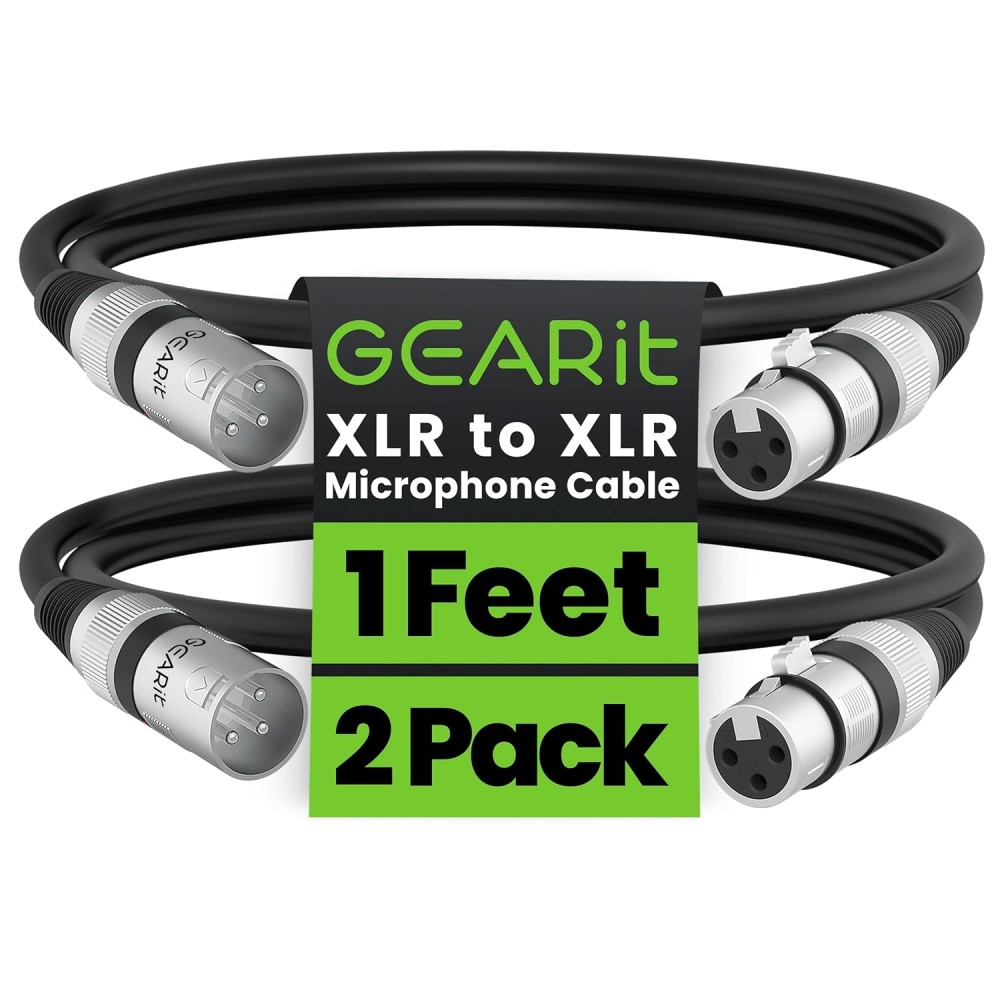 GEARit XLR Male to Female Microphone Cable (1 Feet, 2 Pack) 3-Pin Balanced Shielded Mixer, Recording Studio, Podcast - Black