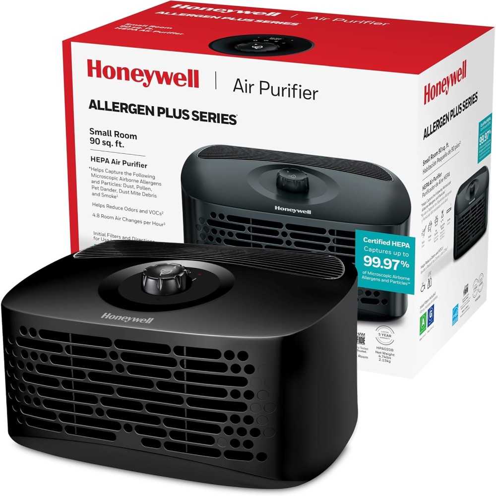 Honeywell HEPA Air Purifier for Home, 450 Ft² in 1 hour, Reduces Dust, Pollen, Pet Dander, Odors, Smoke, Compact Allergen Reducer, Black