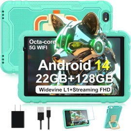 2025 Android 14 Tablet, 10 inch Tablets 22GB+128GB +1TB Expand, 8000mAh Octa-Core Tablet w/ Drop-proof Case, HD IPS Display, GPS, 5G WIFI Metal Green