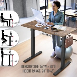SHW 55 x 28 Inches Electric Height Adjustable Standing Desk with Drawer and Memory Preset, Walnut