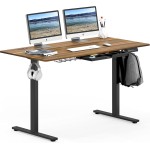 SHW 55 x 28 Inches Electric Height Adjustable Standing Desk with Drawer and Memory Preset, Walnut