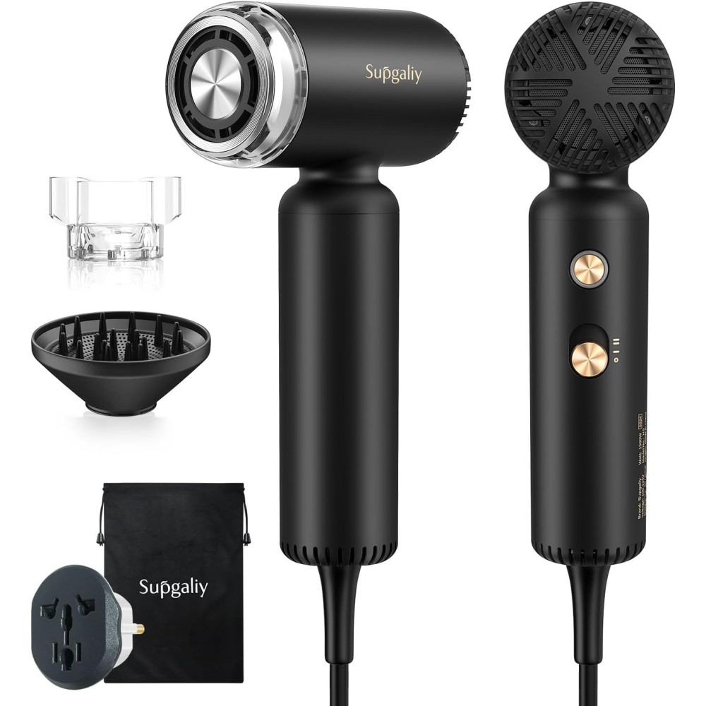 SUPGALIY Dual Voltage Hair Dryer, High-Speed Ionic Blow Dryer for Fast Drying, Travel Compact Hair Blow Dryer with Magnetic Curly Diffuser for Home, Portable Hairdryer International 110-240V