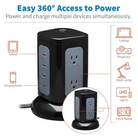 Tripp Lite by Eaton 6-AC Outlet and 4-USB Port, Protect It! Surge Protector Tower, 8-Ft. Braided Cord with Right-Angle Plug