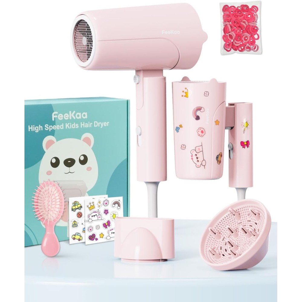 FeeKaa Foldable High Speed Kids Hair Dryer 100 Million Negative Ions, Mini Ionic Travel Kids Blow Dryer with Diffuser Concentrator Detangler Brush Hair Ties Cute Stickers, Compact, Lightweight, Quiet