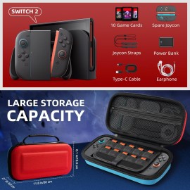 TiMOVO Carrying Case for Nintendo Switch 2 2025, Large Capacity Protective Hard Shell Portable Travel Case Pouch for Switch 2, with 10 Game Card Slots and Pockets for Console & Accessories, Blue+Red