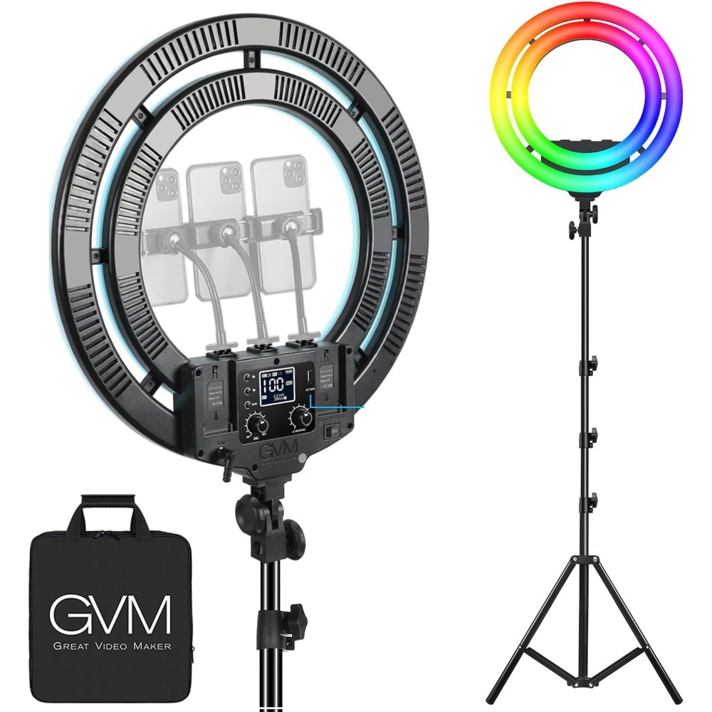 GVM Ring Light,Professional dimmable 3200K-5600K LED Round Light with Light Stand,Circular Diffuser,Smartphone Holder for YouTube Videos, Cosmetics, Selfies, Photography, Live Broadcast