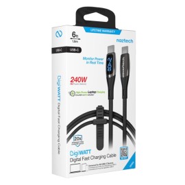 Naztech DigiWATT USB-C to USB-C Digital LED Cable, Black (6 Ft.)
