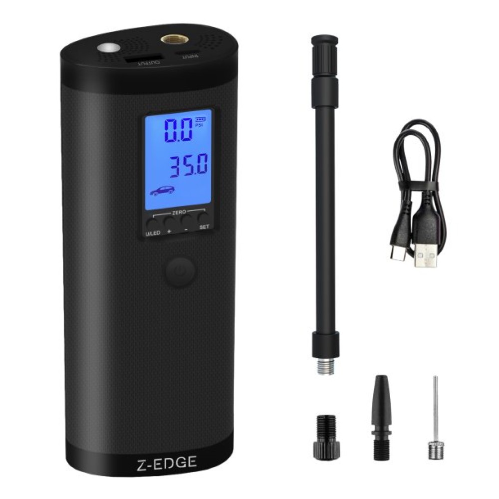 Z-EDGE ZA103 Combo 150-PSI Portable Air Inflator and 2,000-mAh Power Bank with Digital Display and Carrying Pouch (Black)
