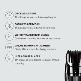 Panasonic Cordless Beard Trimmer for Men with Precision Dial, 19 Adjustable Length Settings, Rechargeable Battery, Washable