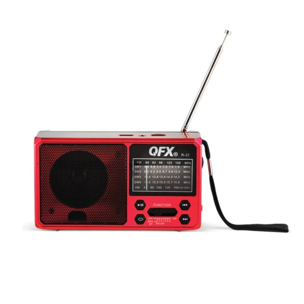QFX Portable AM/FM/Shortwave Radio with Bluetooth, Flashlight, and Solar Panel, Red