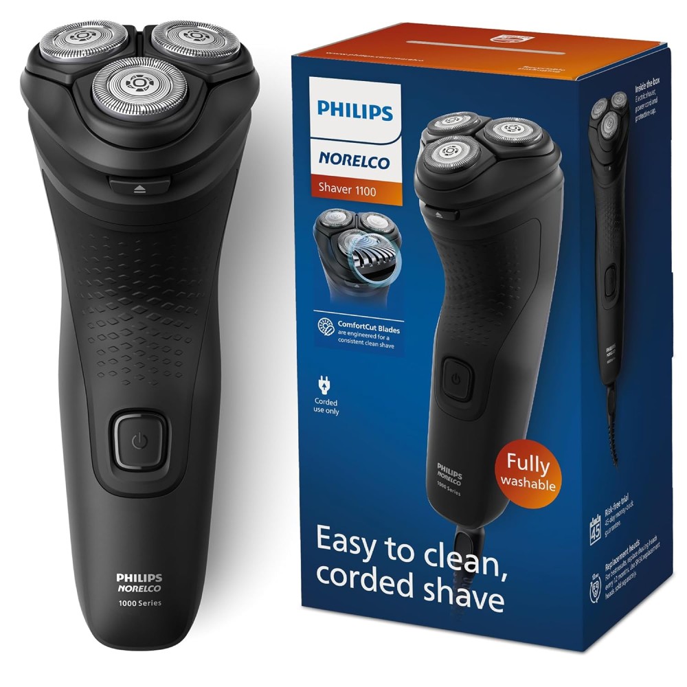 Philips Norelco Shaver 1100 Series, Dry Electric Shaver, 27 Self-Sharpening ComfortCut Blades, 4D Floating Heads, P-Cap, Deep Black