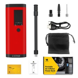 Z-EDGE ZA103 Combo 150-PSI Portable Air Inflator and 2,000-mAh Power Bank with Digital Display and Carrying Pouch (Red)