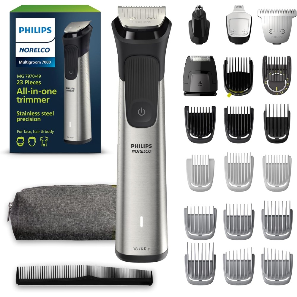 Philips Norelco Multigroom 7000 Series, All-in-One Trimmer, Beard Trimmer and Hair Clipper, 23-Piece Men's Grooming Kit for Beard, Face, Nose, Ear, Body, with Titanium Blades, Travel Pouch