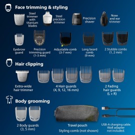 Philips Norelco Multigroom 7000 Series, All-in-One Trimmer, Beard Trimmer and Hair Clipper, 23-Piece Men's Grooming Kit for Beard, Face, Nose, Ear, Body, with Titanium Blades, Travel Pouch
