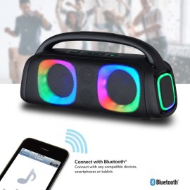 IQ Sound Bluetooth Boom Box Speaker with FM Radio, RGB Light Show, and Remote, True Wireless, Black