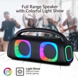 IQ Sound Bluetooth Boom Box Speaker with FM Radio, RGB Light Show, and Remote, True Wireless, Black