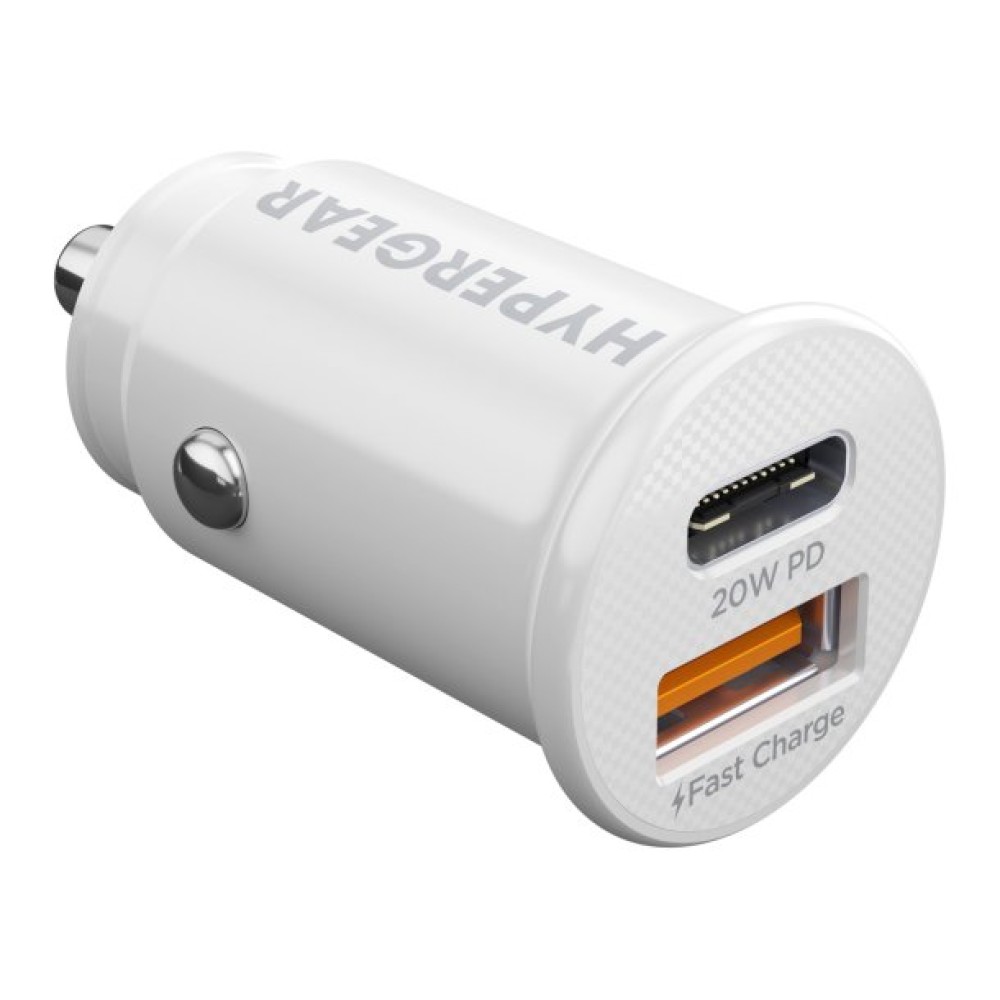 HyperGear mini Dual 20-Watt USB-C PD and 18-Watt USB Car Charger (White)