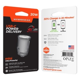HyperGear mini Dual 20-Watt USB-C PD and 18-Watt USB Car Charger (White)