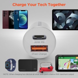 HyperGear mini Dual 20-Watt USB-C PD and 18-Watt USB Car Charger (White)