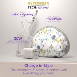 HyperGear TECHcessories 30-Watt USB-C PD Charging Kit with Travel Pouch (Purple Floral)